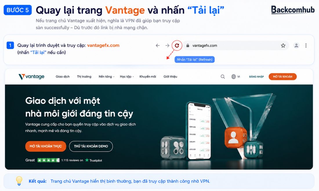 Quay trở lại website của sàn Vantage và nhấn nút tải lại 