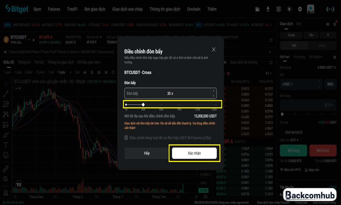 Bitget cung cấp mức đòn bẩy từ 1x đến 150x, trader có thể dùng thanh trượt hoặc điền số trực tiếp vào ô đòn bẩy để sử dụng mức đòn bẩy mong muốn 