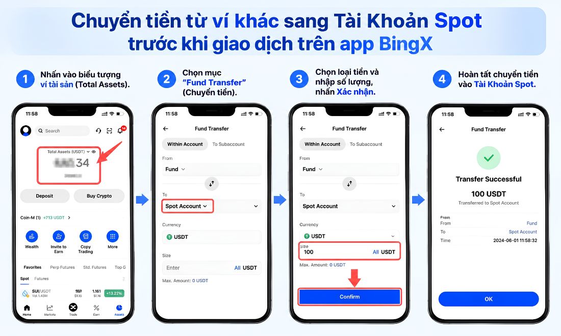 Nạp tiền xong, nhà đầu tư cần phải chuyển tiền từ ví khác về ví spot (nếu muốn giao dịch spot) hoặc ví futures (nếu muốn giao dịch futures) 