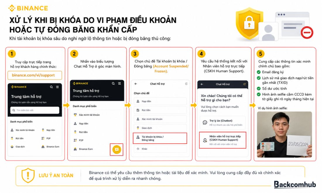 Cách xử lý khi bị khóa do vi phạm điều khoản hoặc tự đóng băng khẩn cấp