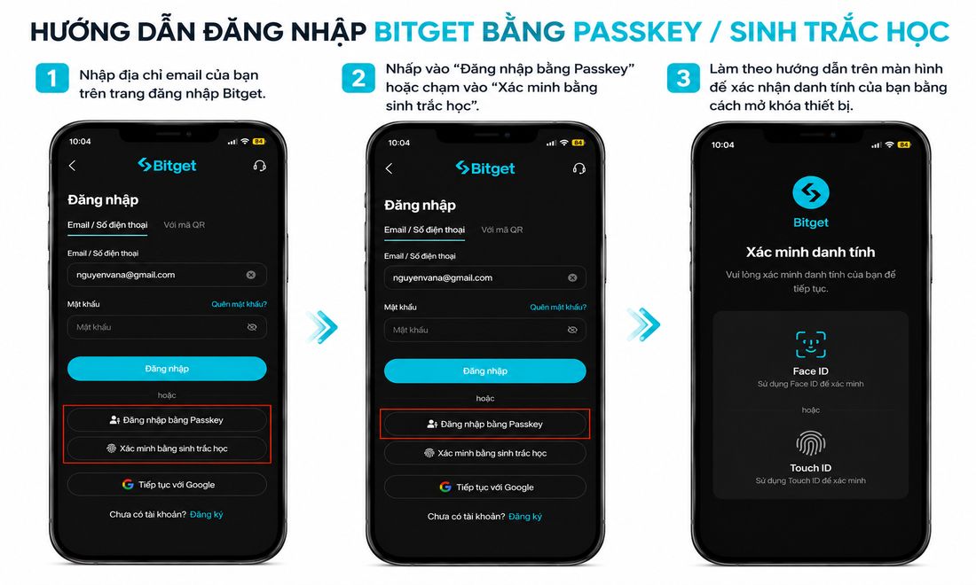Sau khi thiết lập passkey trên Bitget thành công, người dùng có thể bắt đầu đăng nhập vào sàn Bitget bằng passkey mà không phải điền mật khẩu truyền thống như trước 