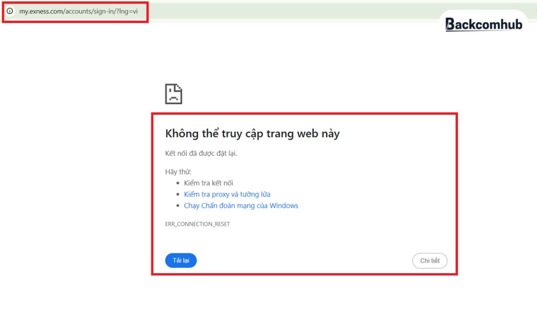Hình ảnh hệ thống thông báo không thể truy cập vào Exness do bị nhà mạng Việt Nam chặn