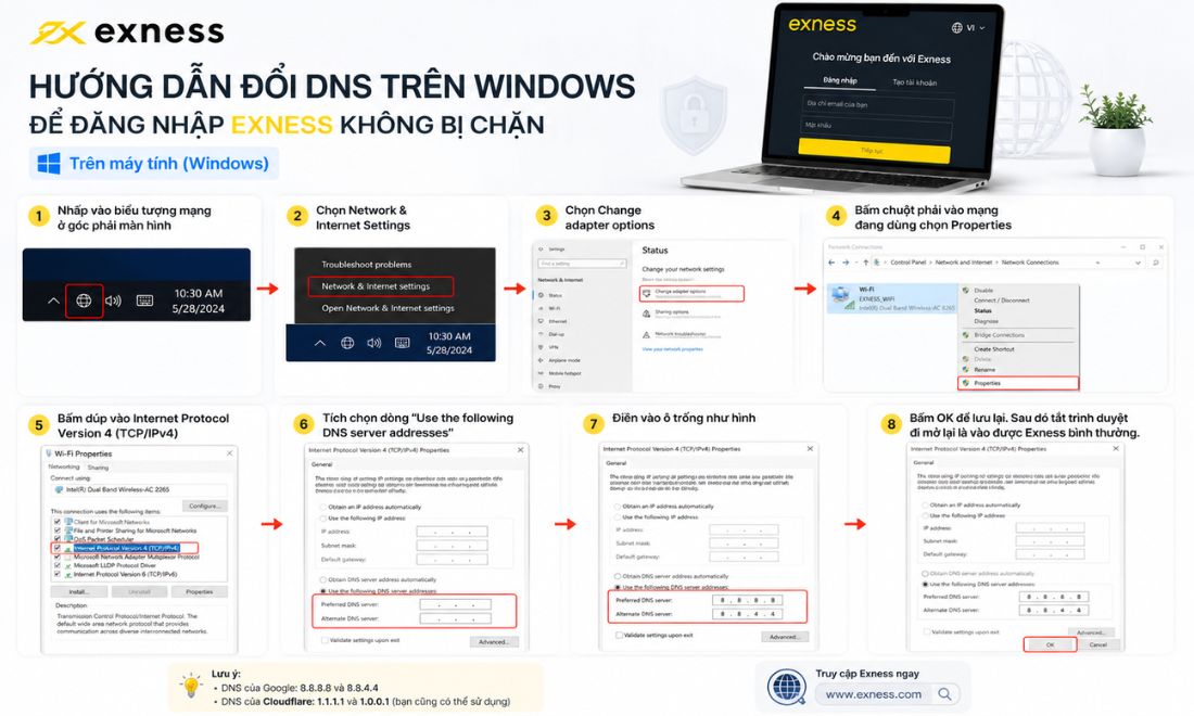 Các bước truy cập vào sàn Exness dù bị nhà mạng chặn bằng máy tính