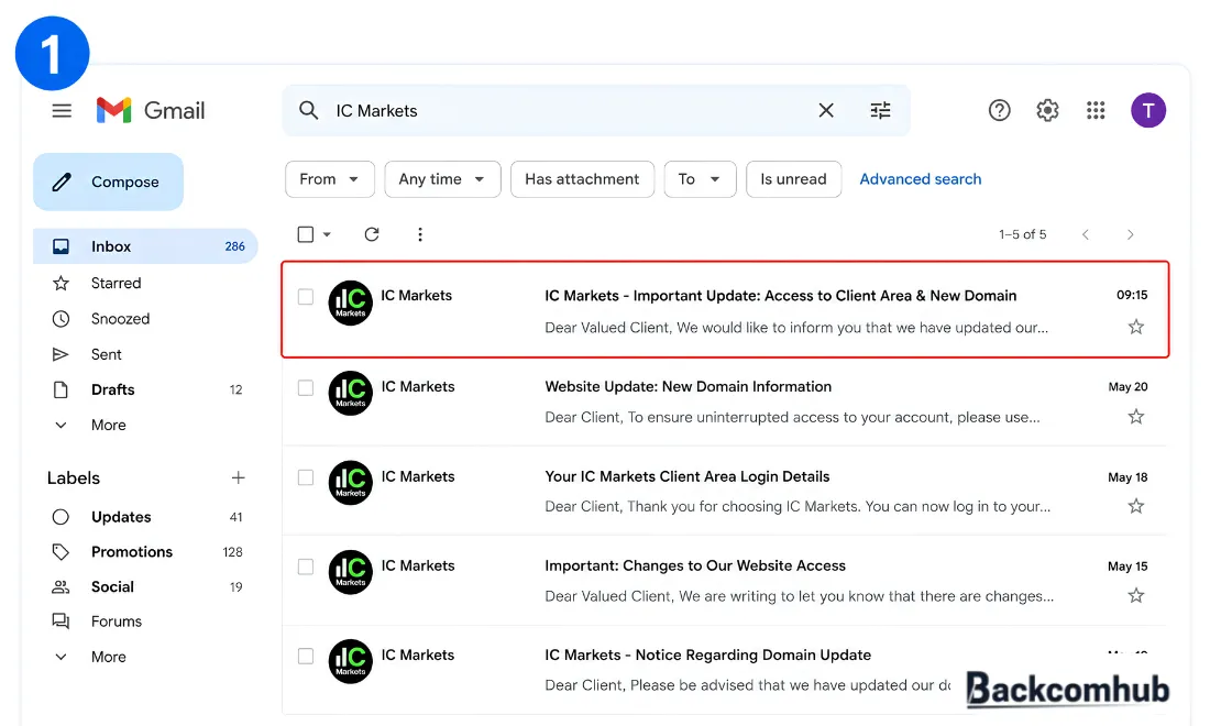 Mở email đã đăng ký tài khoản IC Markets