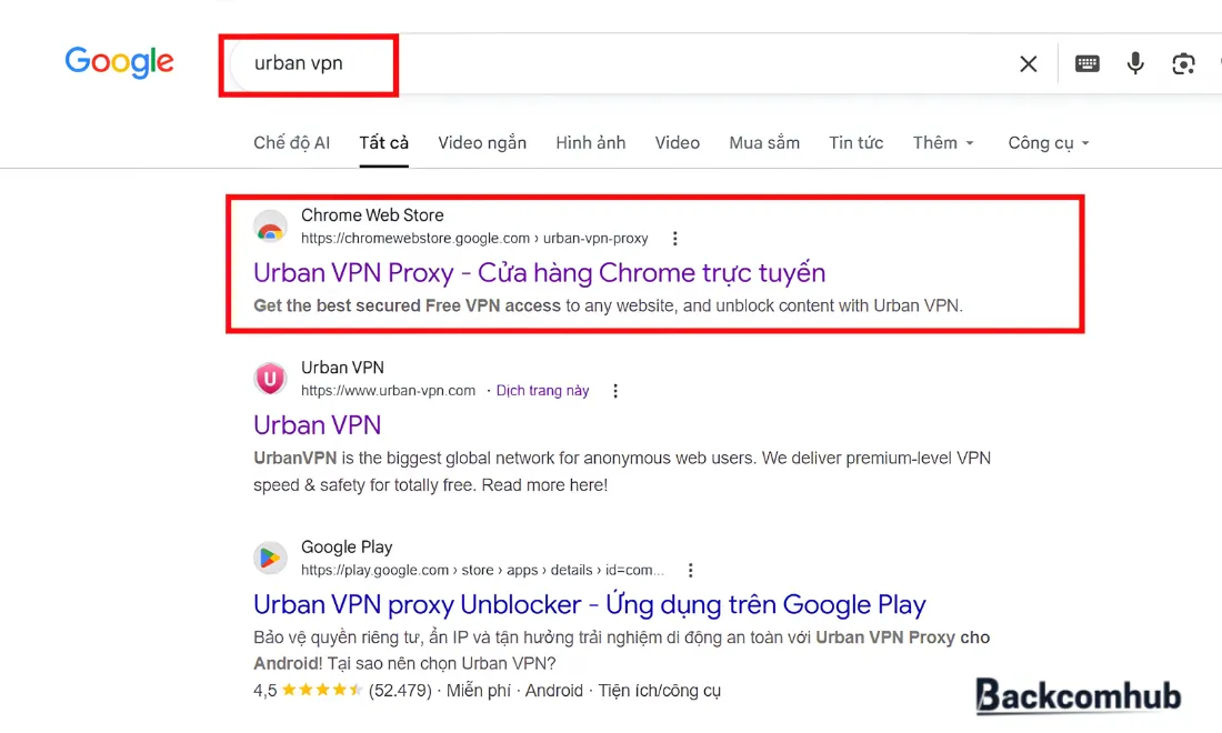 Trước tiên, người dùng cần tìm kiếm cụm từ "Urban VPN" trên thanh tìm kiếm của Google và nhấn vào trang web đầu tiên
