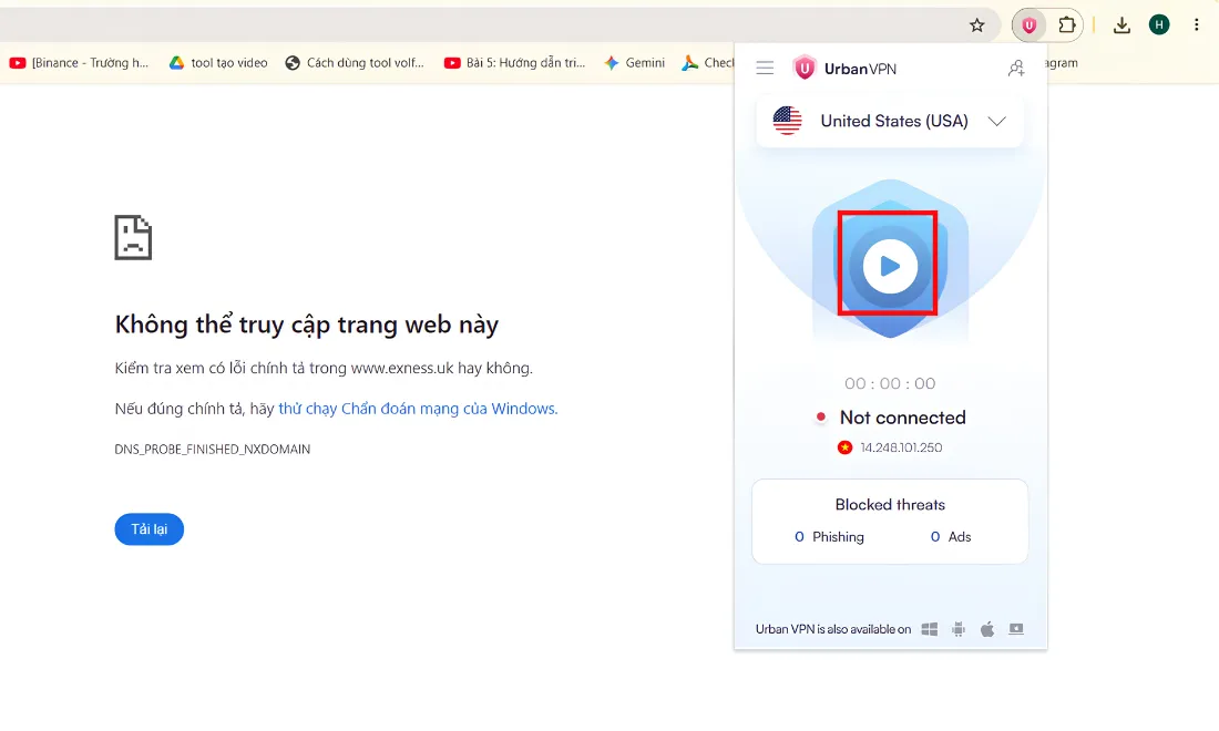 Nhấn vào hình mũi tên để khởi động Urban VPN