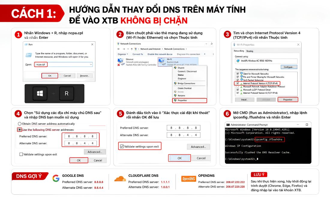 Cách đổi DNS trên hệ điều hành Windows 10 và Windows 11 để truy cập vào sàn XTB khi domain chính bị chặn