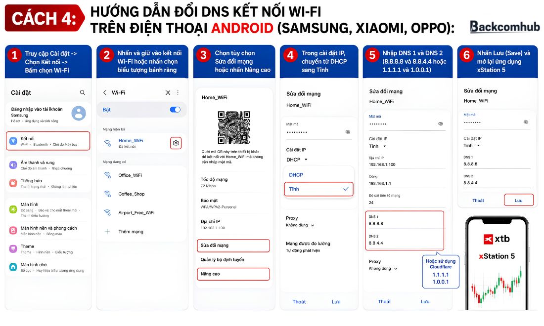 Cách đổi DNS kết nối Wi-Fi trên điện thoại Android (Samsung, Xiaomi, OPPO) để vào xtb.com