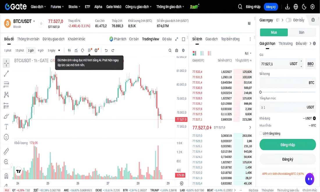Trước khi thực hiện giao dịch trên sàn Gate, trader cần quan sát qua giao diện của trang giao dịch trên website của sàn 