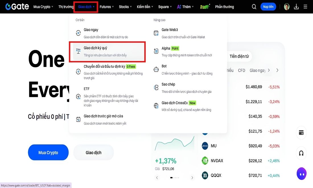 Nếu nhà đầu tư muốn trade futures trên sàn Gate thì nhấn vào mục "Giao dịch ký quỹ" 