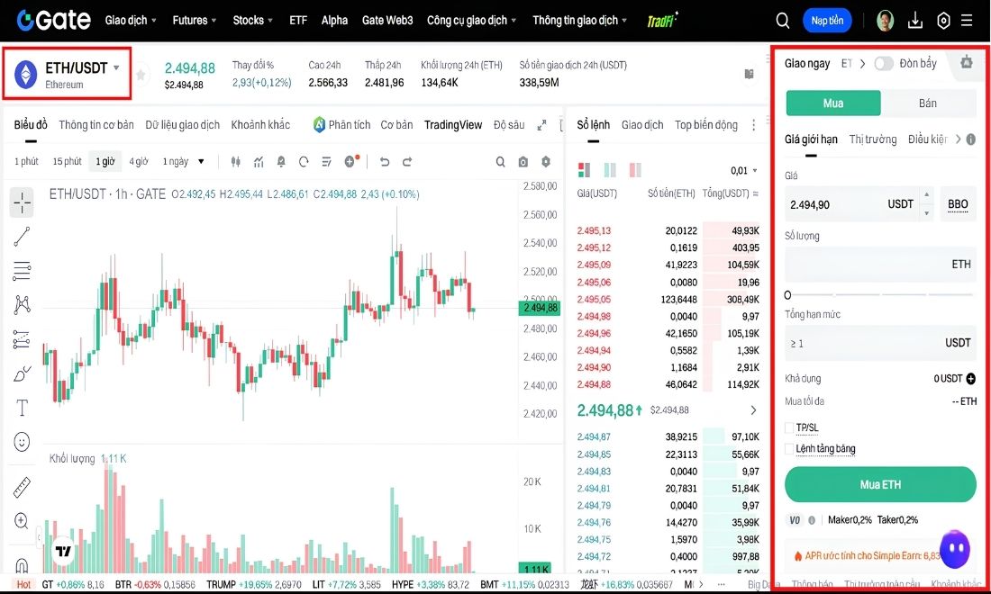 Giao diện màn hình khi giao dịch spot với đồng ETH trên Gate.io