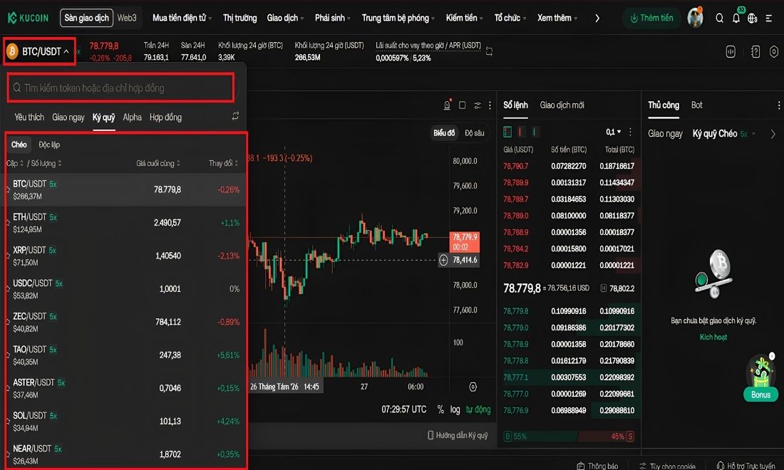 Chọn cặp coin muốn giao dịch Futures