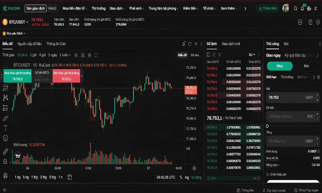 Giao diện spot của sàn Kucoin sẽ hiển thị 