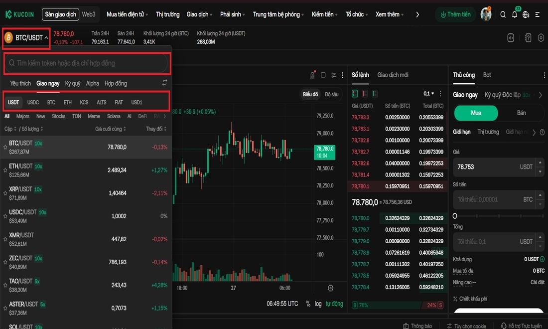 Chọn cặp coin muốn giao dịch spot trên sàn Kucoin 