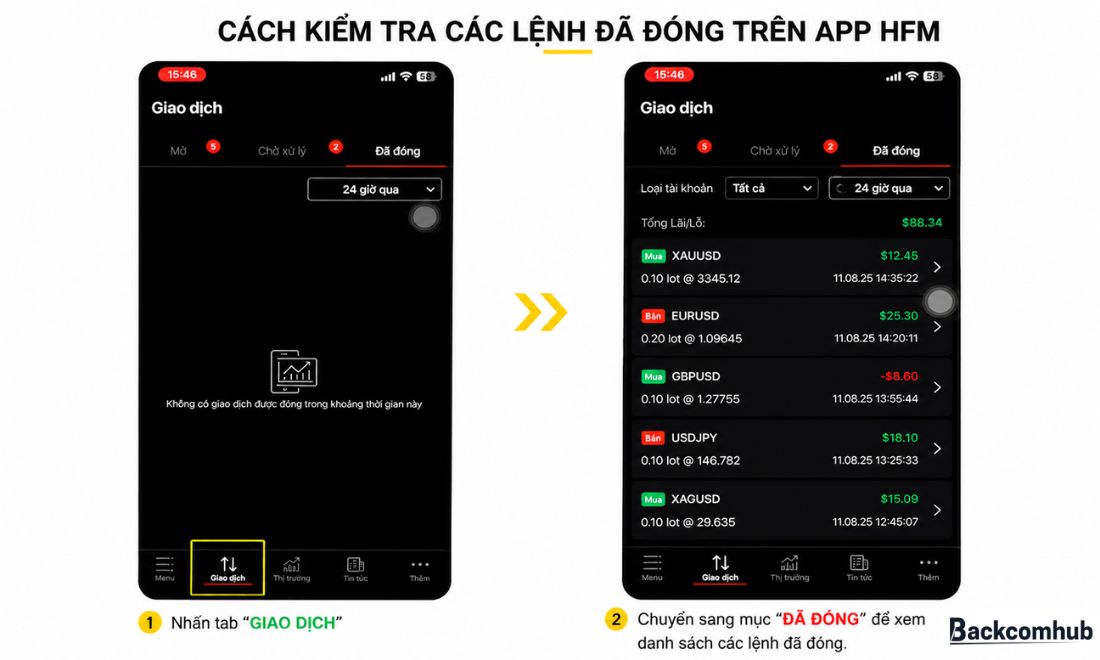 Cách xem các lệnh đã đóng trên tài khoản HFM qua HFM APP