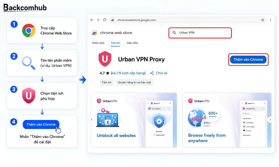 Trước tiên cần tìm và thêm phần mềm VPN vào Chrome 