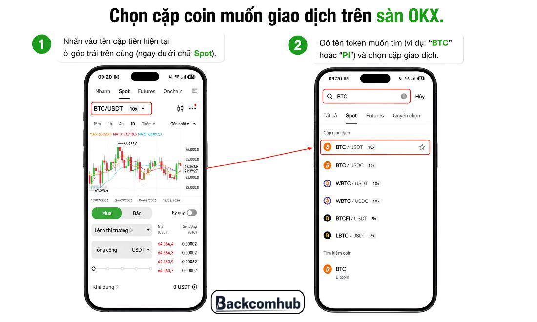 Chọn cặp coin muốn giao dịch trên OKX