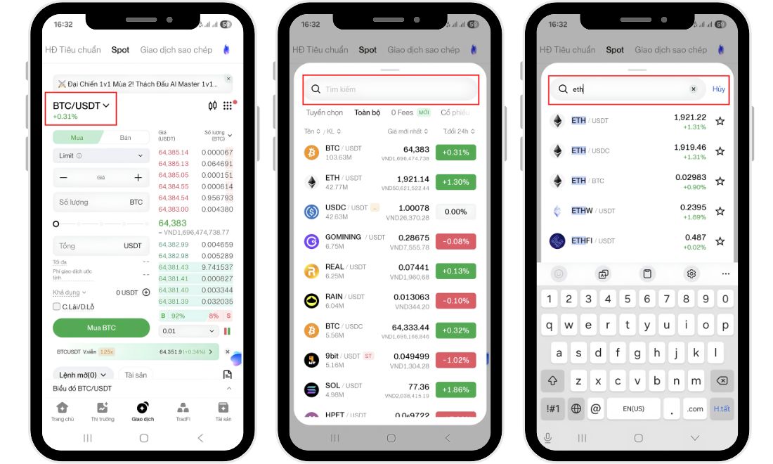 Tiến hành tìm kiếm cặp coin muốn giao dịch spot trên BingX 