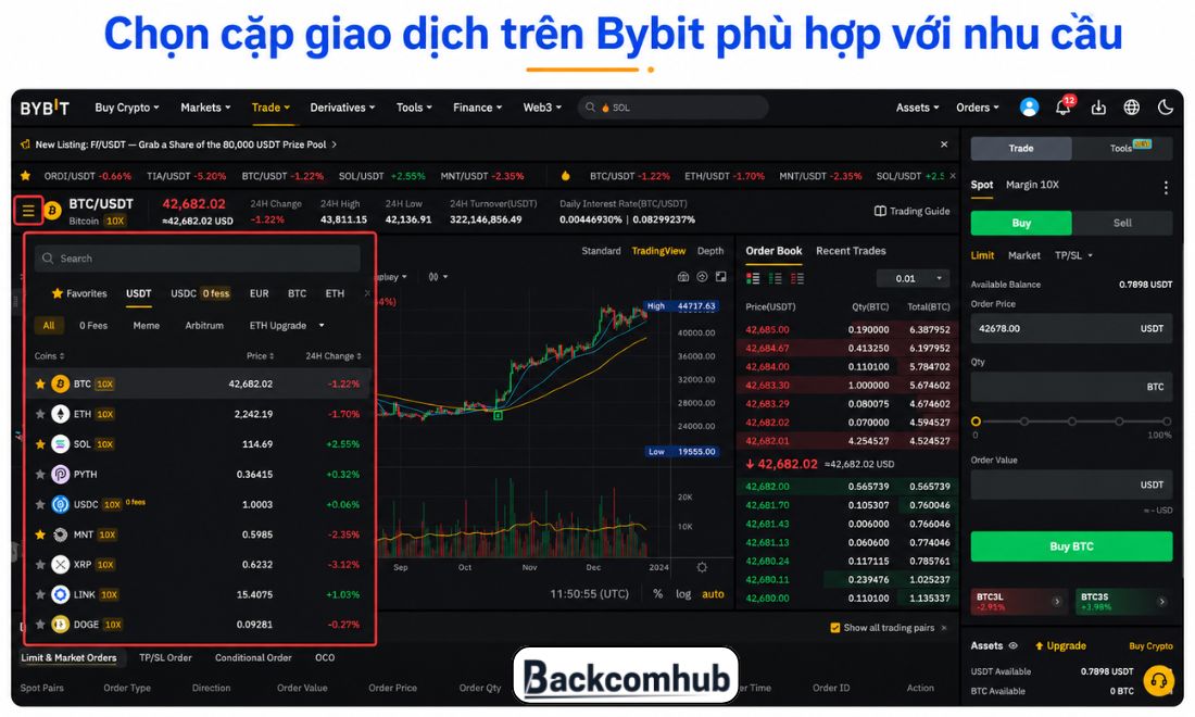 Chọn cặp coin muốn giao dịch 