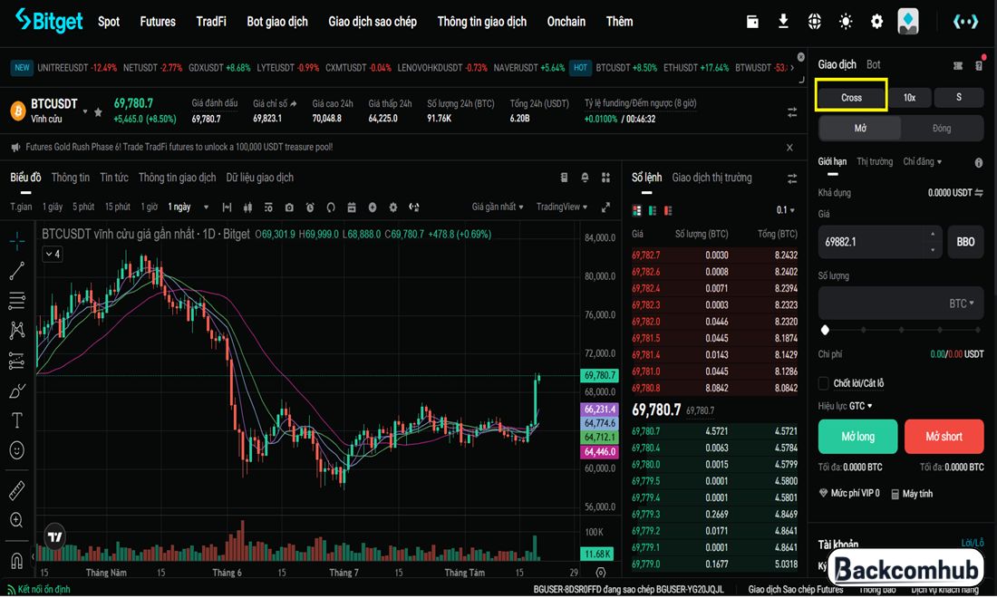 Bấm vào ô "Cross" để mở các chế độ ký quỹ trên futures Bitget 