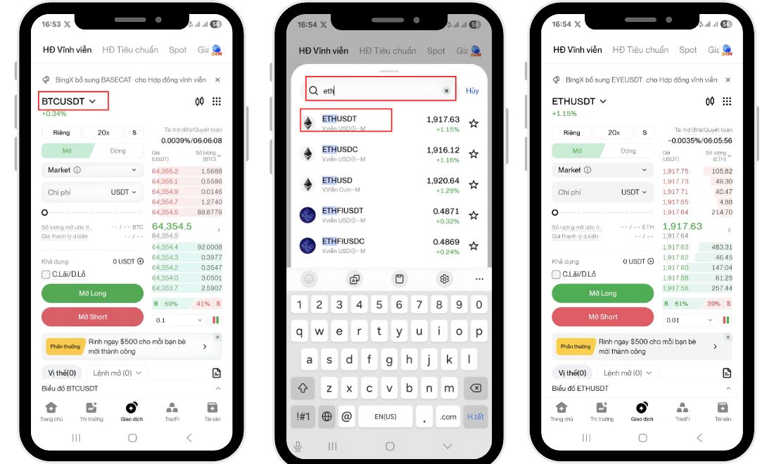 Chọn đồng coin muốn giao dịch futures trên app BingX 