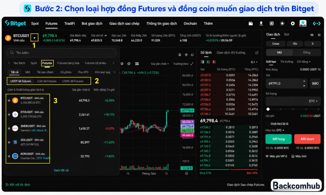 Bước 2: Chọn loại hợp đồng Futures và đồng coin muốn giao dịch trên Bitget