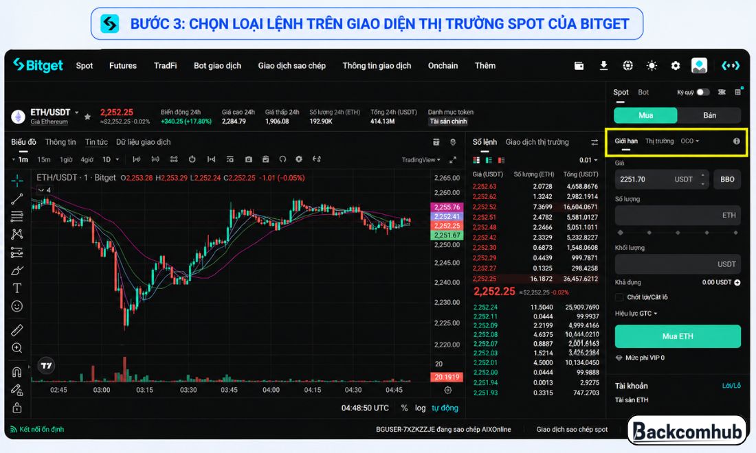 Bước 3: Chọn loại lệnh trên giao diện thị trường spot của Bitget
