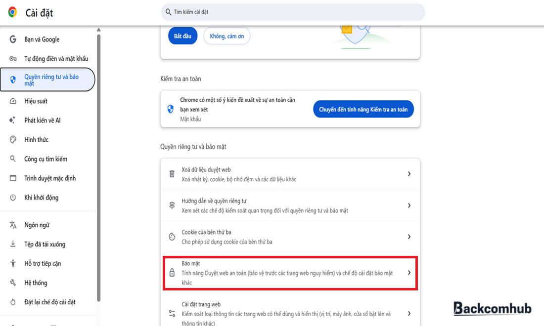Tiếp tục chọn mục "Bảo mật" 