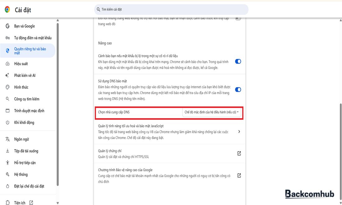 Chọn nhà cung cấp DNS bằng cách nhấn vào mũi tên sổ xuống 