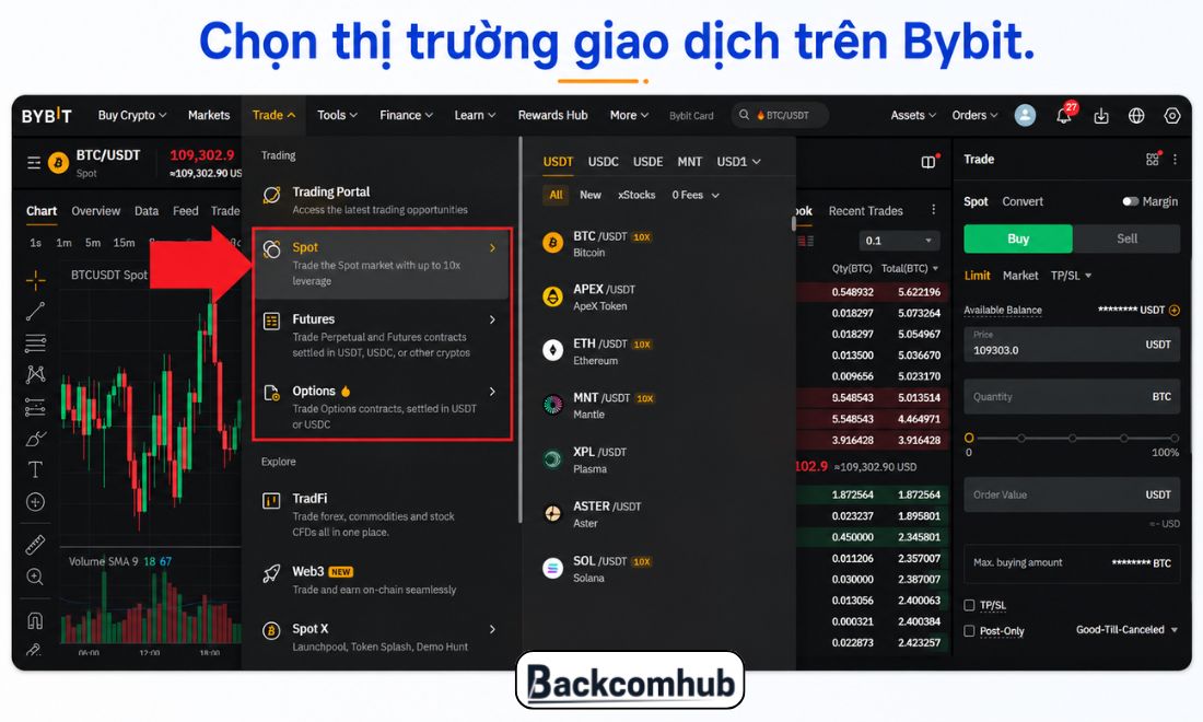 Chọn thị trường spot hoặc futures trên Bybit 