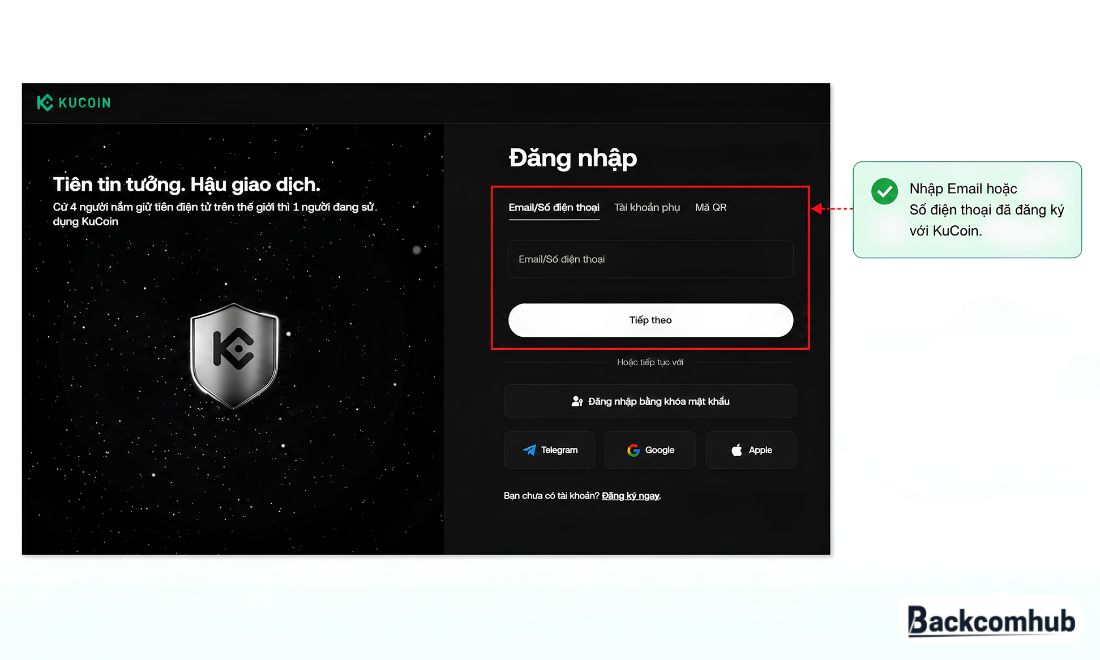 Trước tiên cần truy cập vào website của kucoin theo domain kucoin.com 