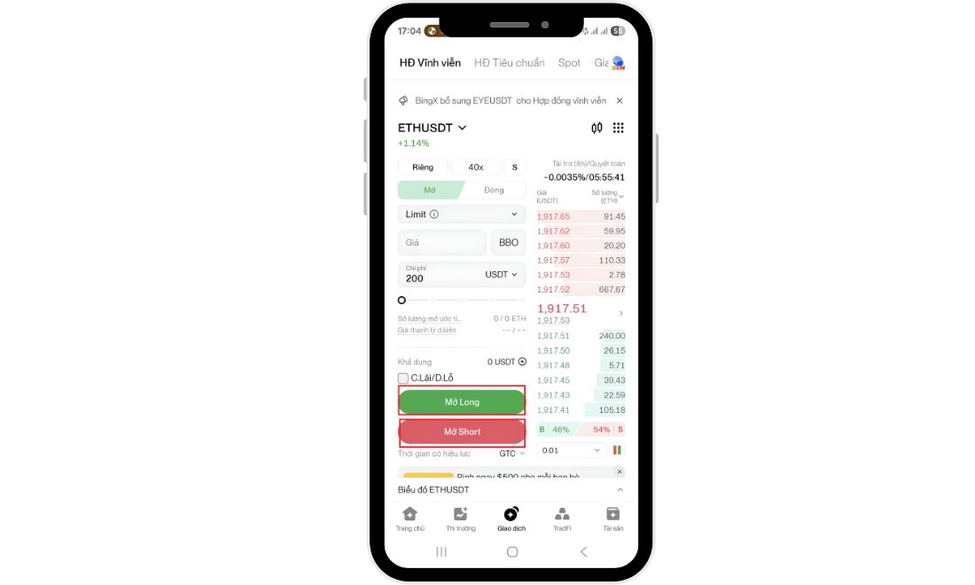 Đặt lệnh long hoặc short cho đồng coin mà bạn muốn giao dịch 