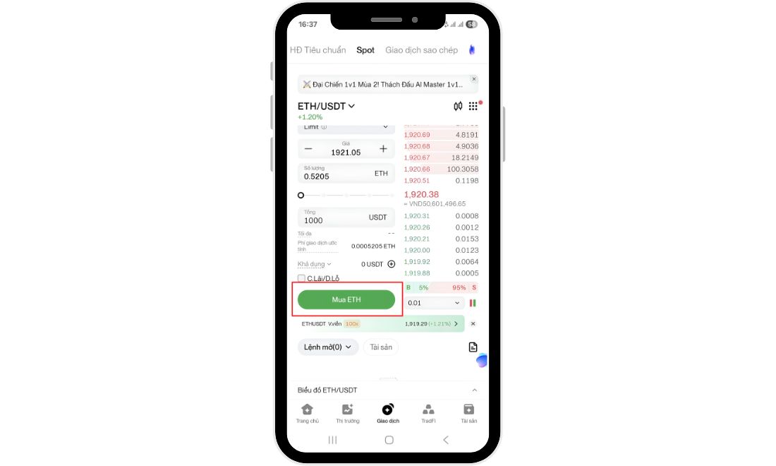 Nhấn vào nút "Mua" để mua đồng coin mong muốn sau khi thiết lập hết các thông số mà sàn yêu cầu 