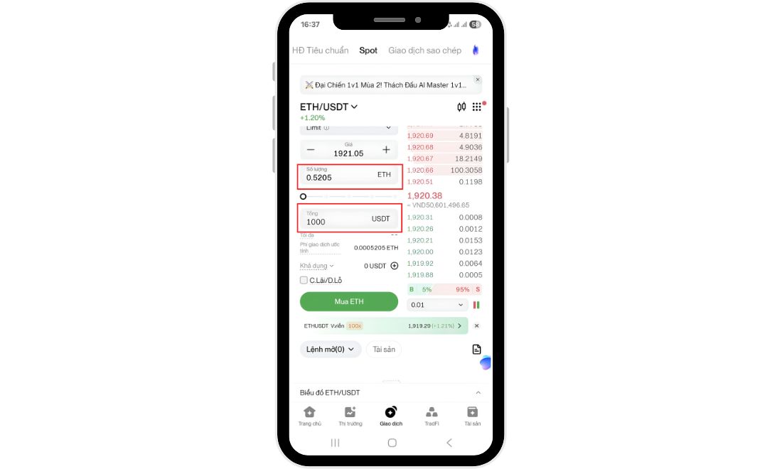 Điền số lượng USDT muốn dùng để mua đồng coin mà bạn thích 