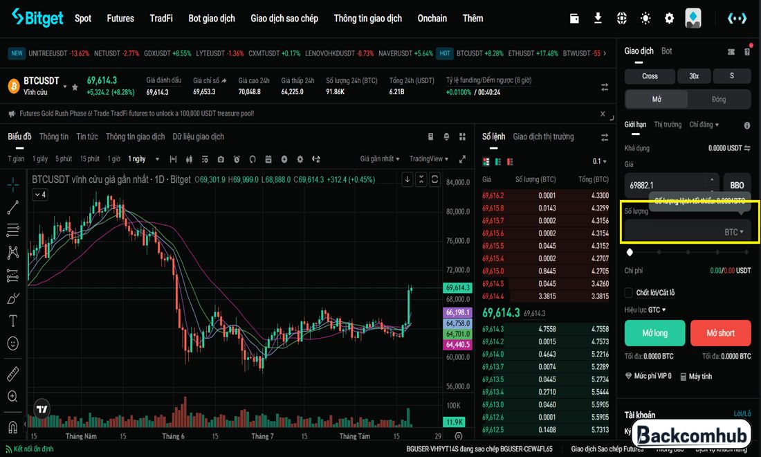 Điền khối lượng muốn mua coin để chơi futures trên Bitget 