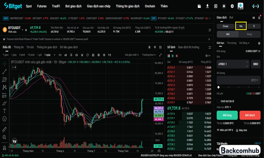 Bấm vào ô "10x" để mở hộp thoại cho phép trader điều chỉnh mức đòn bẩy 
