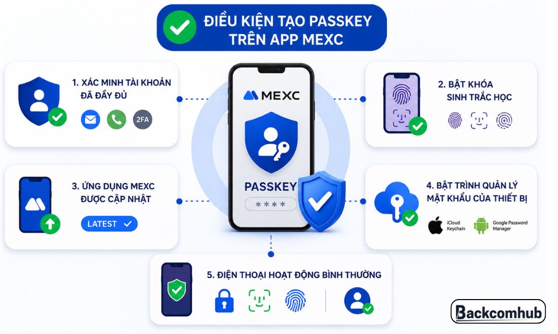 Trước khi thiết lập passkey cho tài khoản Mexc qua app của sàn, nhà đầu tư cần đảm bảo đủ các điều kiện bên trên 