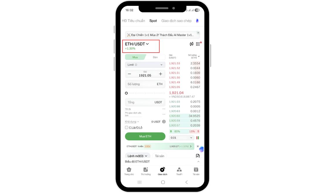 Giao diện của thị trường Spot trên app của sàn BingX 