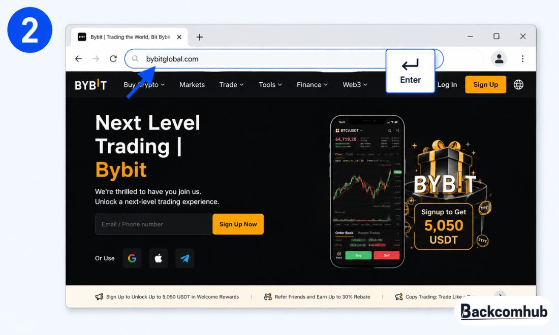 Nhập địa chỉ bybitglobal.com vào thanh địa chỉ rồi nhấn Ente