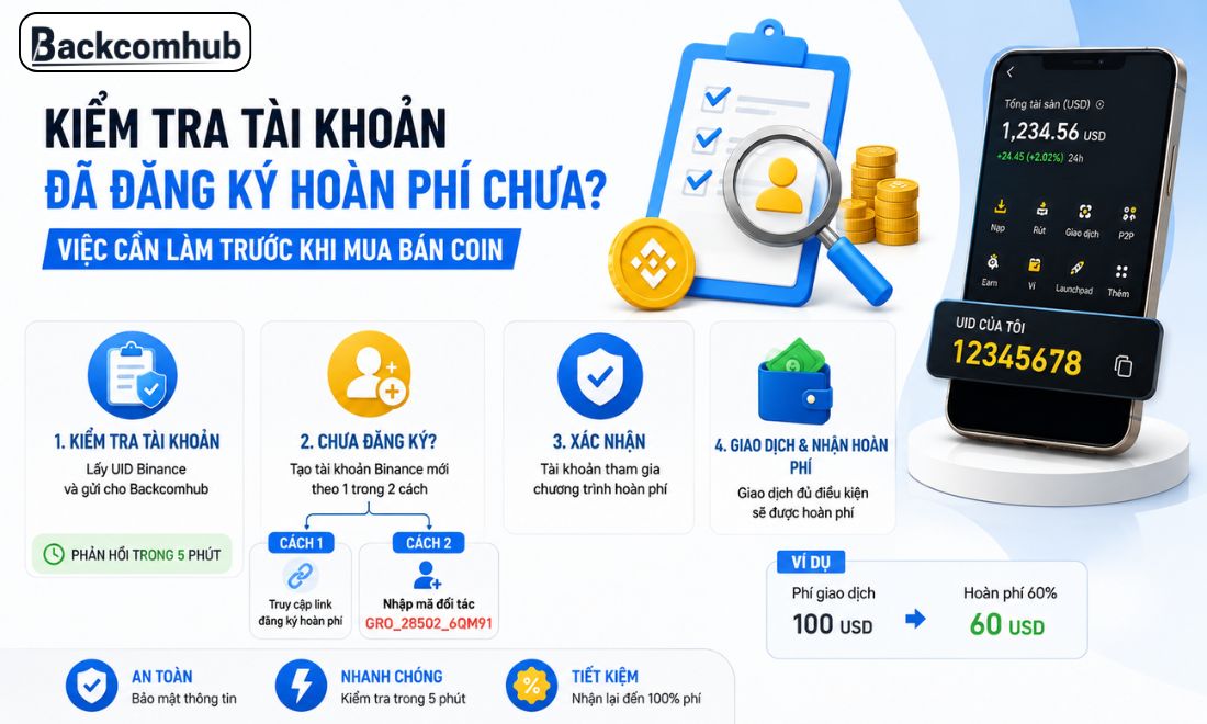 Trước khi thực hiện cách giao dịch coin trên sàn Binance, các nhà đầu tư cần phải kiểm tra tài khoản hiện tại đã đăng ký nhận hoàn phí hay chưa 