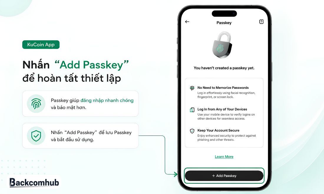 Tiến hành thêm passkey cho tài khoản kucoin 