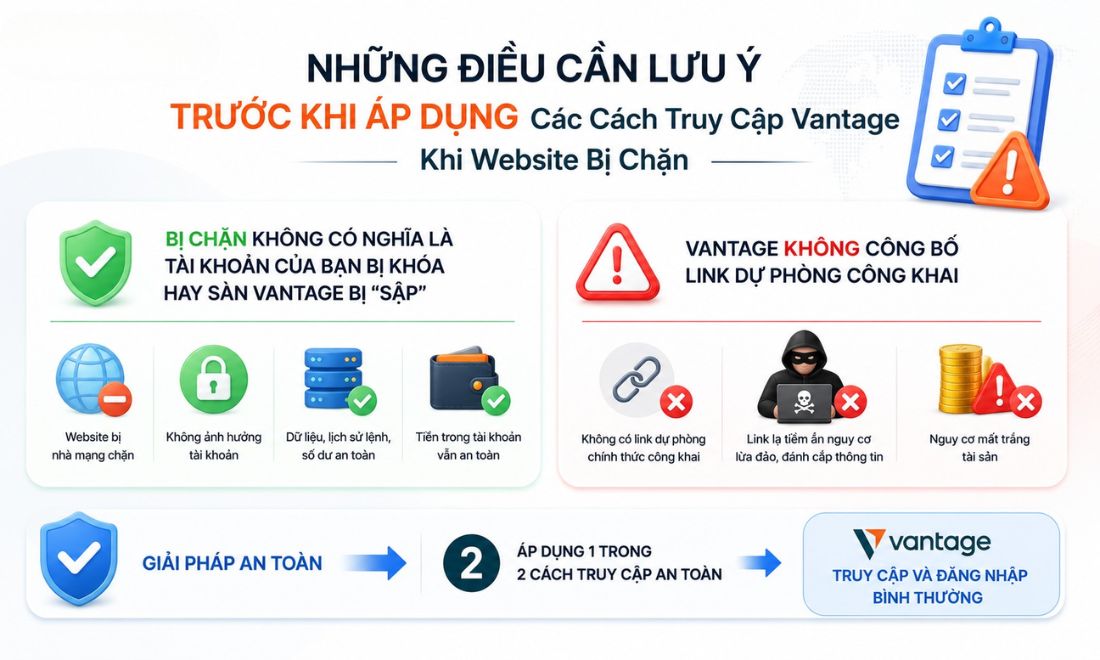 Những điều cần lưu ý trước khi áp dụng một trong những cách đăng nhập sàn Vantage khi domain chính bị chặn 
