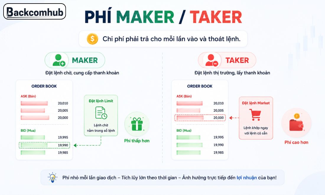 Phí Maker/Taker là phí giao dịch đầu tiên mà nhà đầu tư phải trả khi chơi futures trên các sàn crypto 
