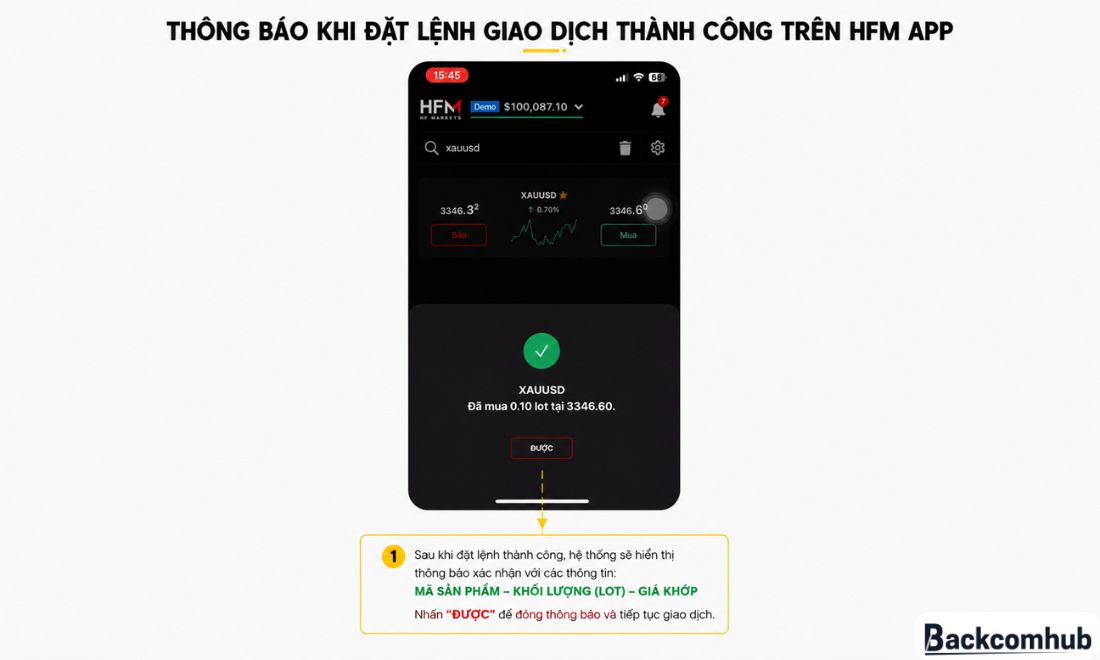 Hệ thống sẽ hiển thị thông báo khi lệnh được đặt thành công