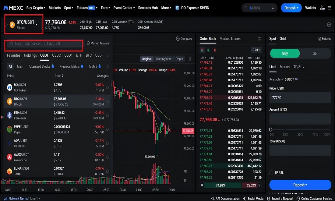 Tìm đồng coin muốn mua spot trên Mexc