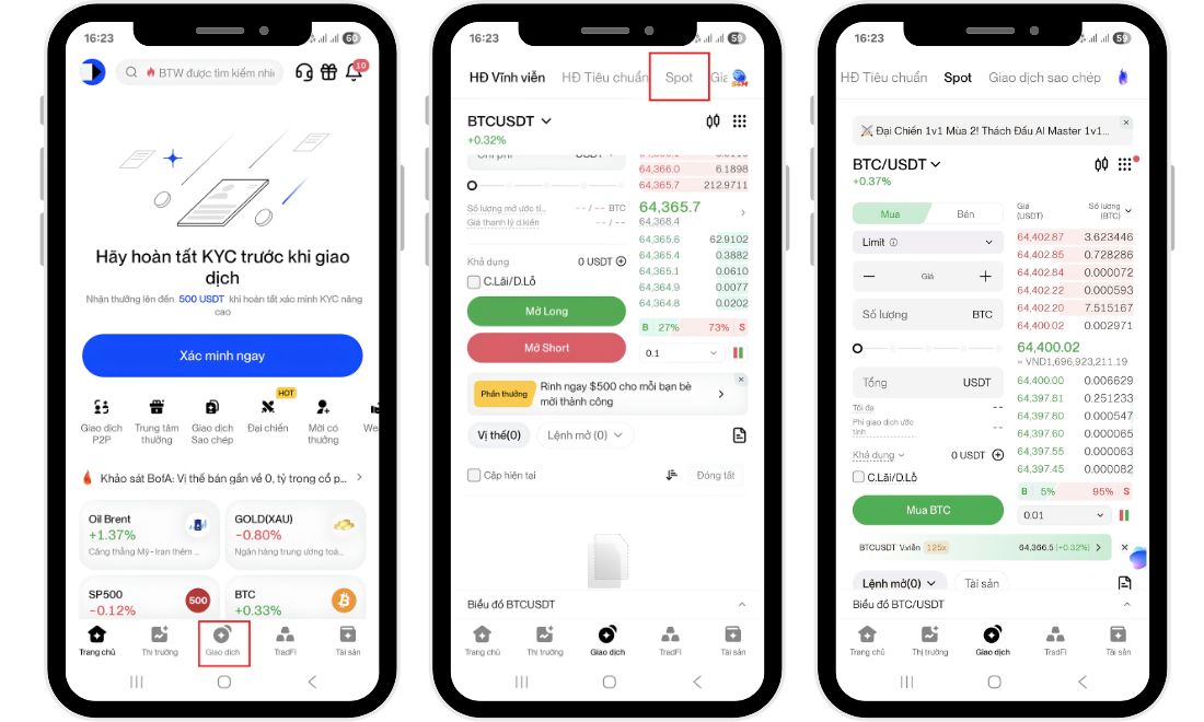 Để giao dịch spot trên BingX bằng app của sàn, coin thủ cần truy cập vào giao diện của thị trường spot 