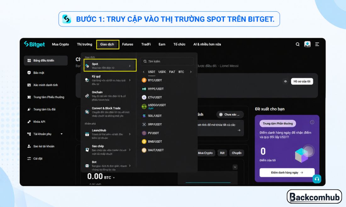 Muốn giao dịch spot trên website Bitget, trước tiên cần truy cập vào thị trường spot