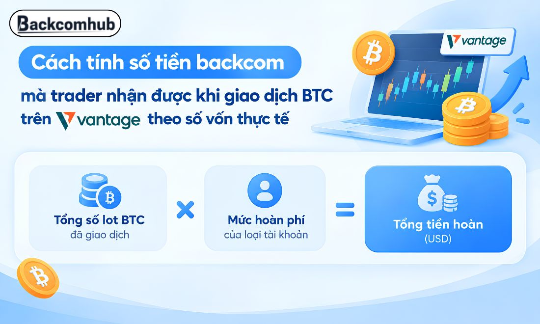 Từ mức backcom 1 lot BTC trên sàn Vantage, nhà đầu tư có thể tự tính toán số tiền hoàn phí mình nhận được theo số vốn thực tế 