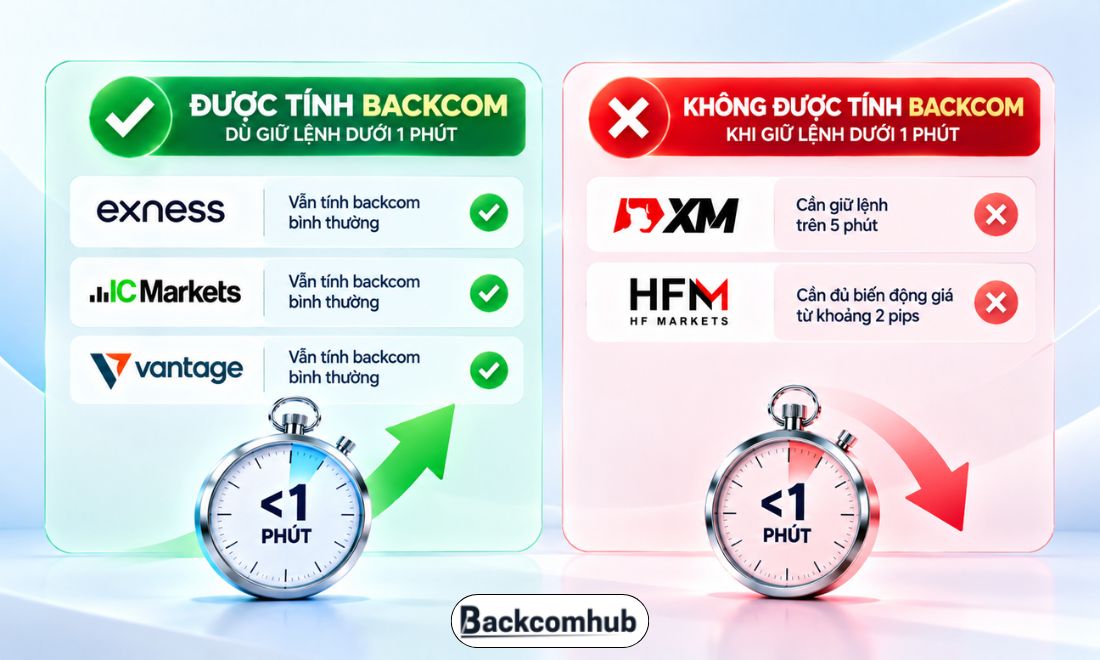 Với các lệnh được giữ dưới 1 phút, trader vẫn được nhận backcom nếu giao dịch trên sàn Exness, vantage hay ic markets còn trên sàn XM hay HFM thì không