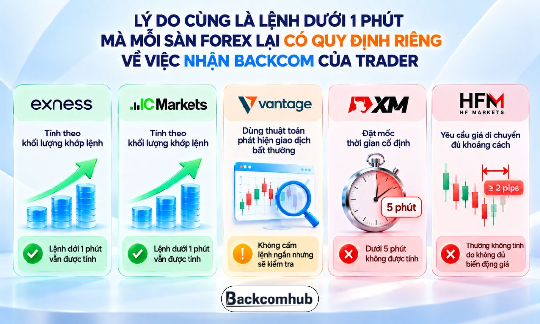 Lý do cùng là lệnh dưới 1 phút mà mỗi sàn forex lại có quy định riêng về việc nhận backcom của trader